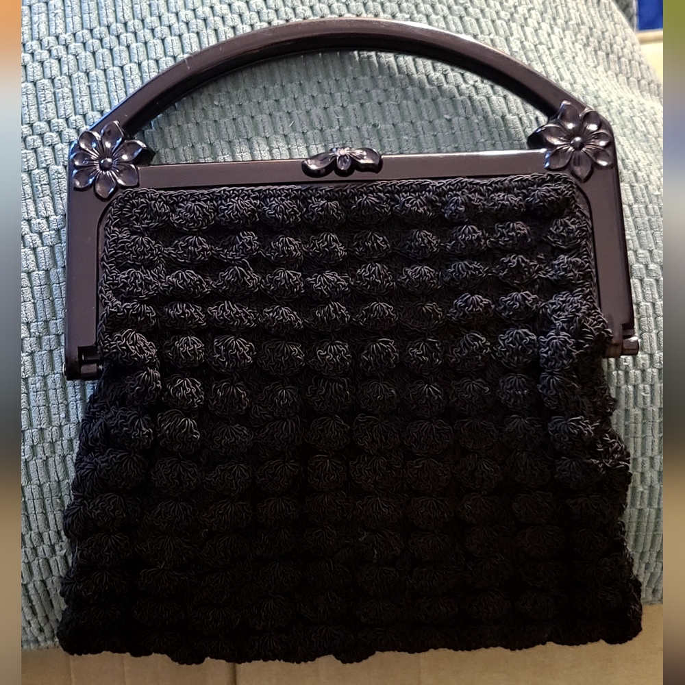 Vintage Black Cordé Crocheted Evening/Clutch Bag Celluloid Floral Handles, Latch